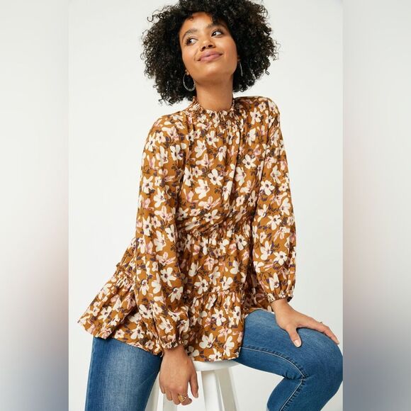 Hayden Los Angeles Puff Sleeve Tie Neck Tiered Tunic Women's Tops Blouse(Size L) - Picture 1 of 11